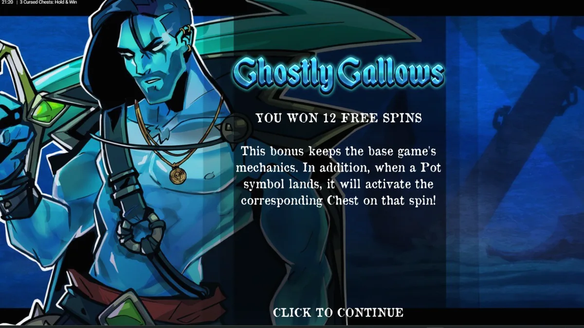 Tampilan visual slot 3 Cursed Chests: Hold & Win dengan tema bajak laut yang gelap