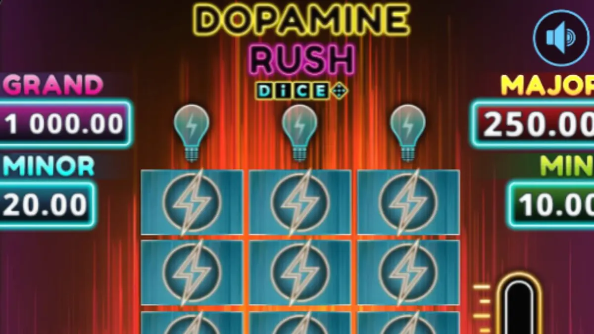 Tampilan visual slot Dopamine Rush Dice dengan tema neon arcade.
